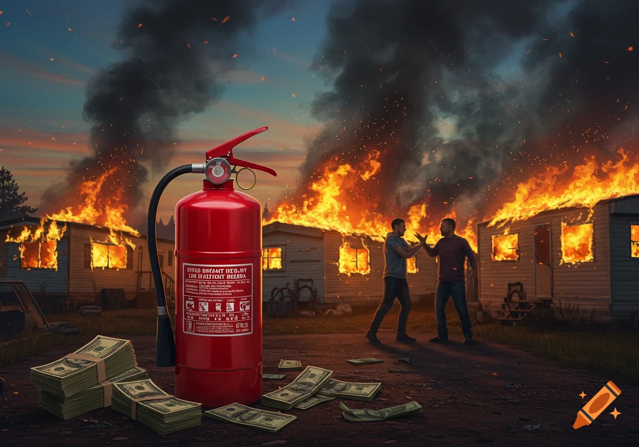 A red fire extinguisher stands in the foreground, surrounded by stacks of money. Behind it, mobile homes are engulfed in flames with two men arguing. Photorealistic.