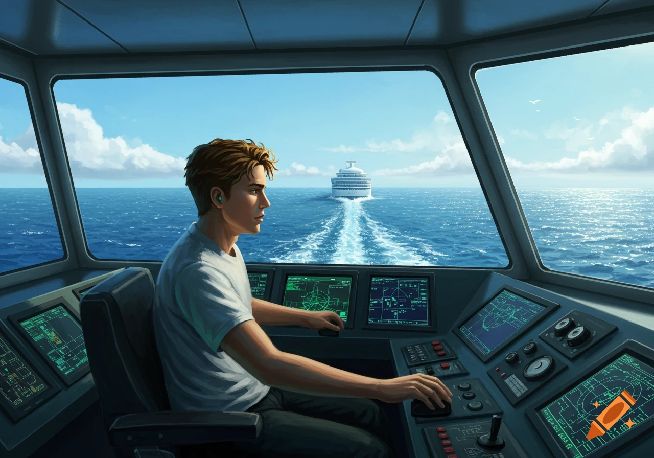 A man sits at the controls of a ship's bridge, looking out at a cruise ship on a calm blue ocean under a clear sky.