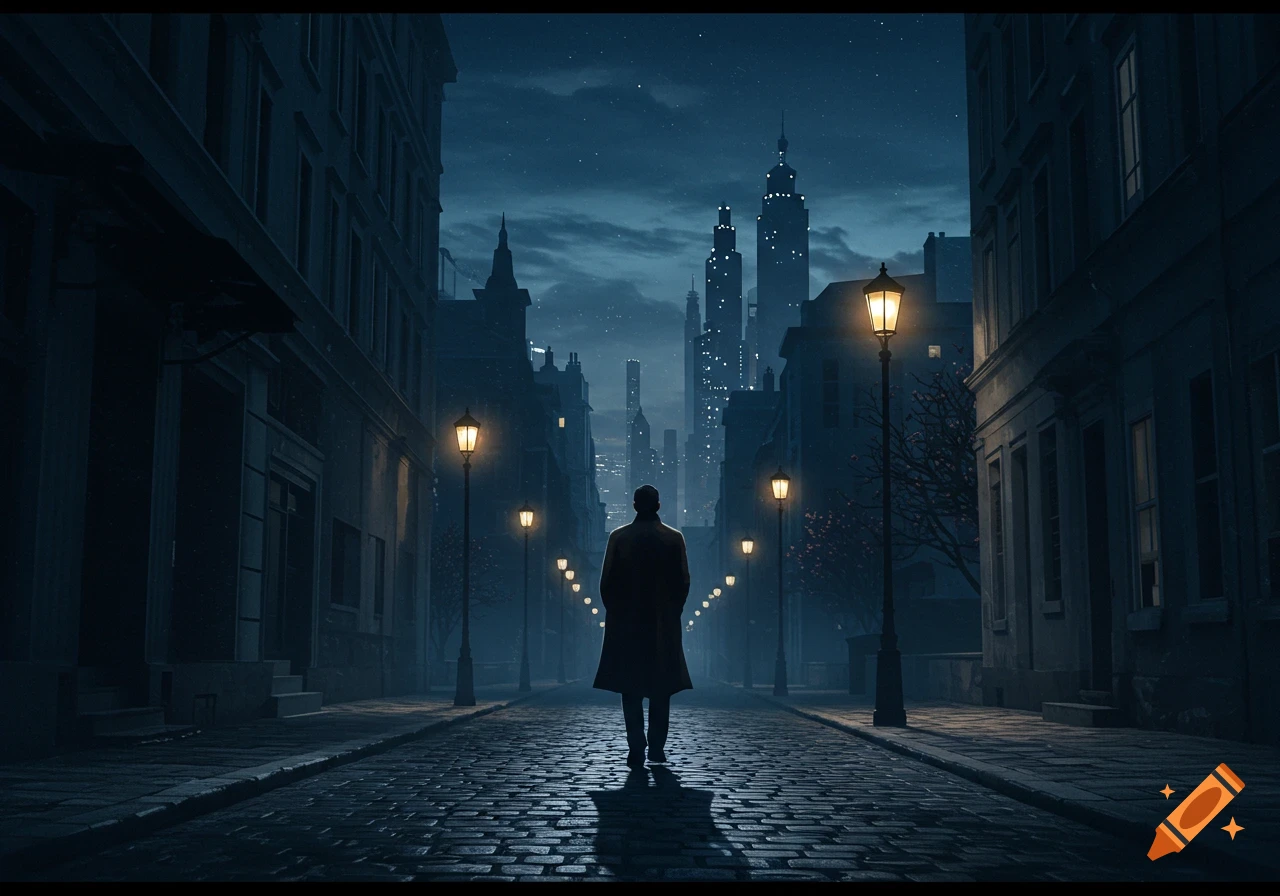 A man in a coat walks down a dark, cobblestone street lined with glowing streetlights and old buildings, with distant skyscrapers.