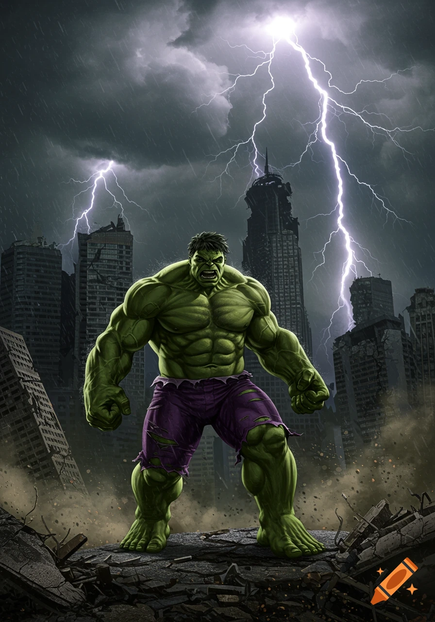 The Hulk stands defiantly amidst a destroyed city under a stormy, lightning-filled sky in a dramatic comic art style.