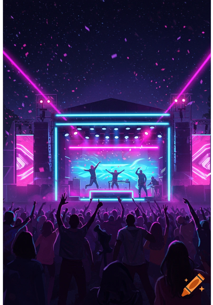 Vibrant, neon-lit outdoor music concert with a crowd cheering and performers on stage, pink and blue lights illuminating the scene with falling confetti.