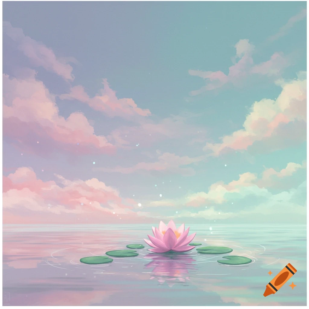 Serene illustration of a pink lotus flower and lily pads floating on calm water under a pastel pink and blue sky.