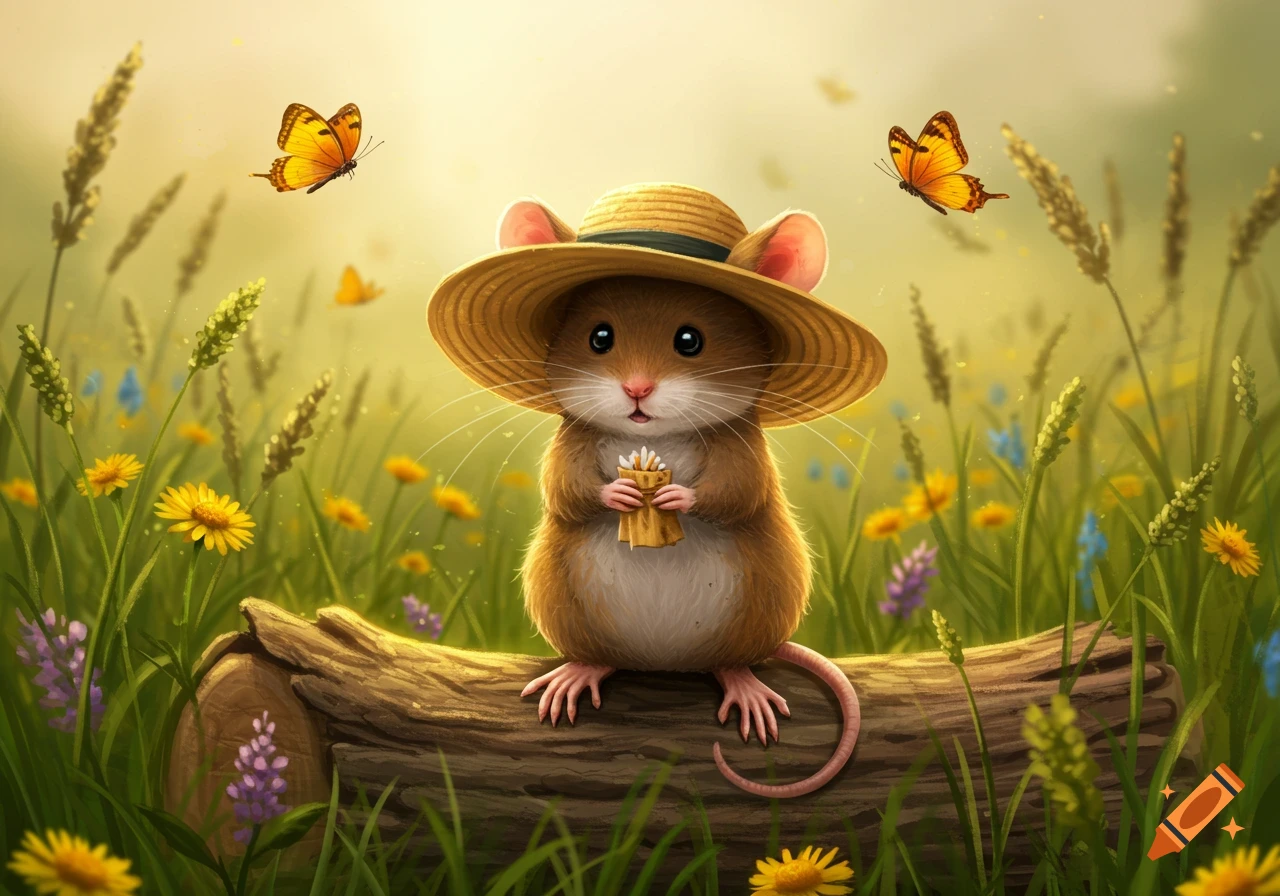 A cute mouse wearing a straw hat sits on a log in a grassy field with yellow and purple flowers and butterflies.