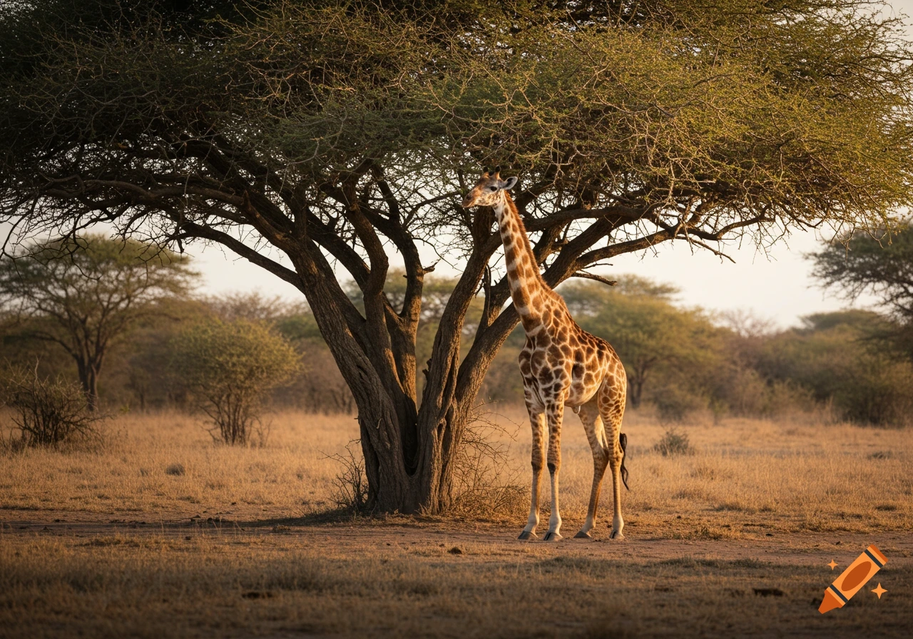 A photorealistic giraffe stands under a large, leafy tree in a dry savanna landscape.