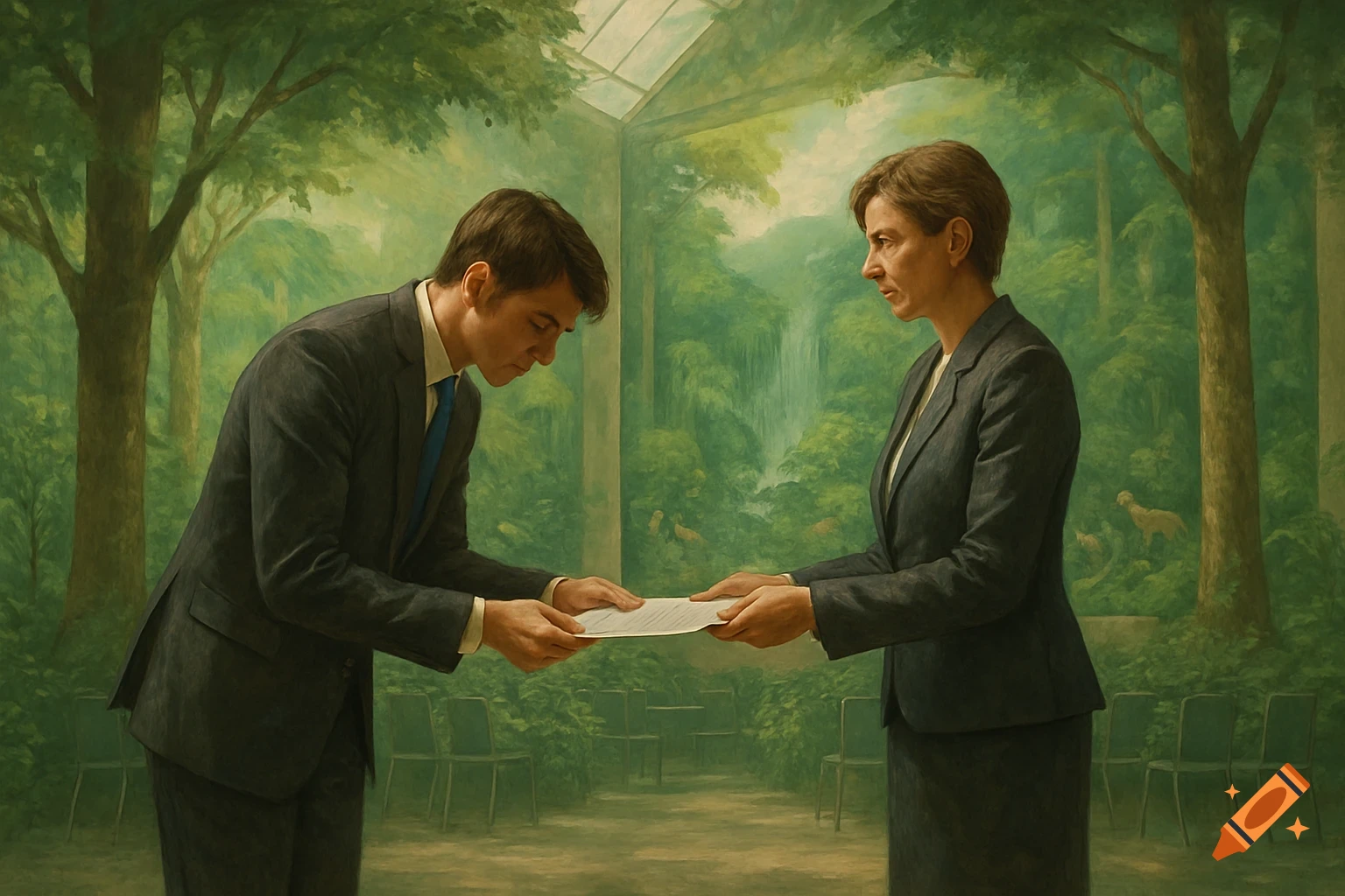 A young man in a suit bows to hand a document to an older woman in a suit in a lush, painterly forest setting.