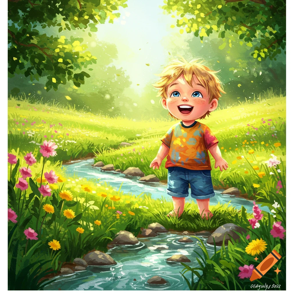 A happy blonde boy with blue eyes stands barefoot in a shallow stream amidst a vibrant field of flowers and trees, illustrated in a bright, cheerful style.
