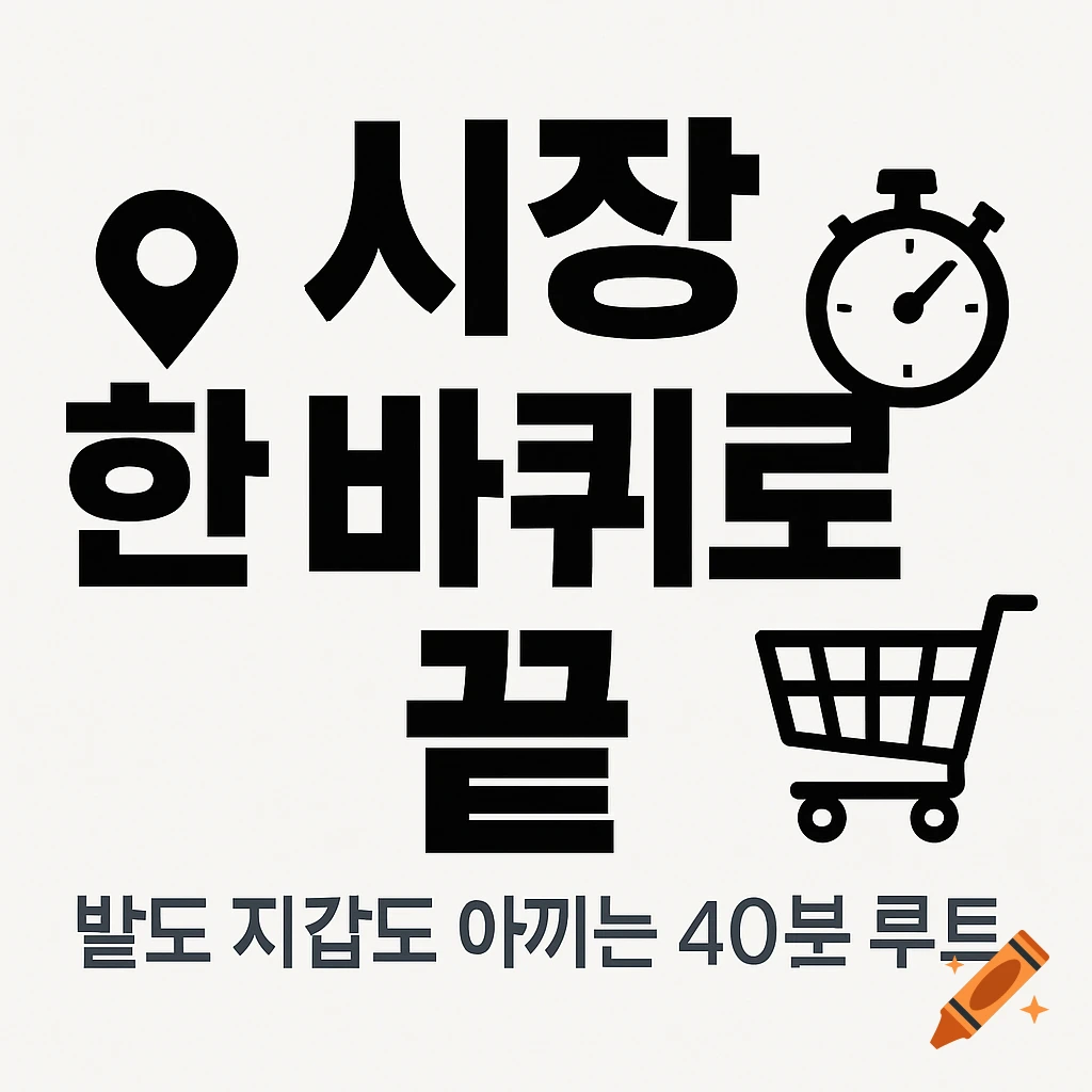 White title card with bold Korean text and icons: a map pin, stopwatch, and shopping cart, suggesting a market route.