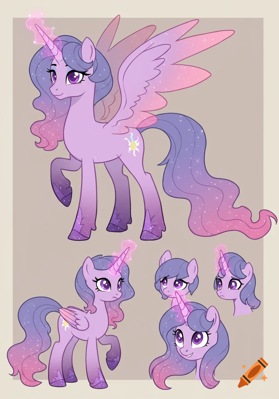 A My Little Pony style character reference sheet showing a lavender alicorn with a flowing, sparkly lilac and rose-magenta mane and tail, featuring full body and headshot views.