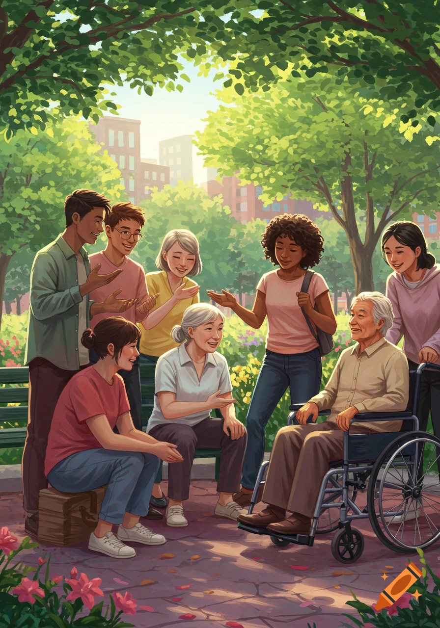 A diverse group of people, including an elderly man in a wheelchair, talking and smiling in a sunny park, in an illustrative style.
