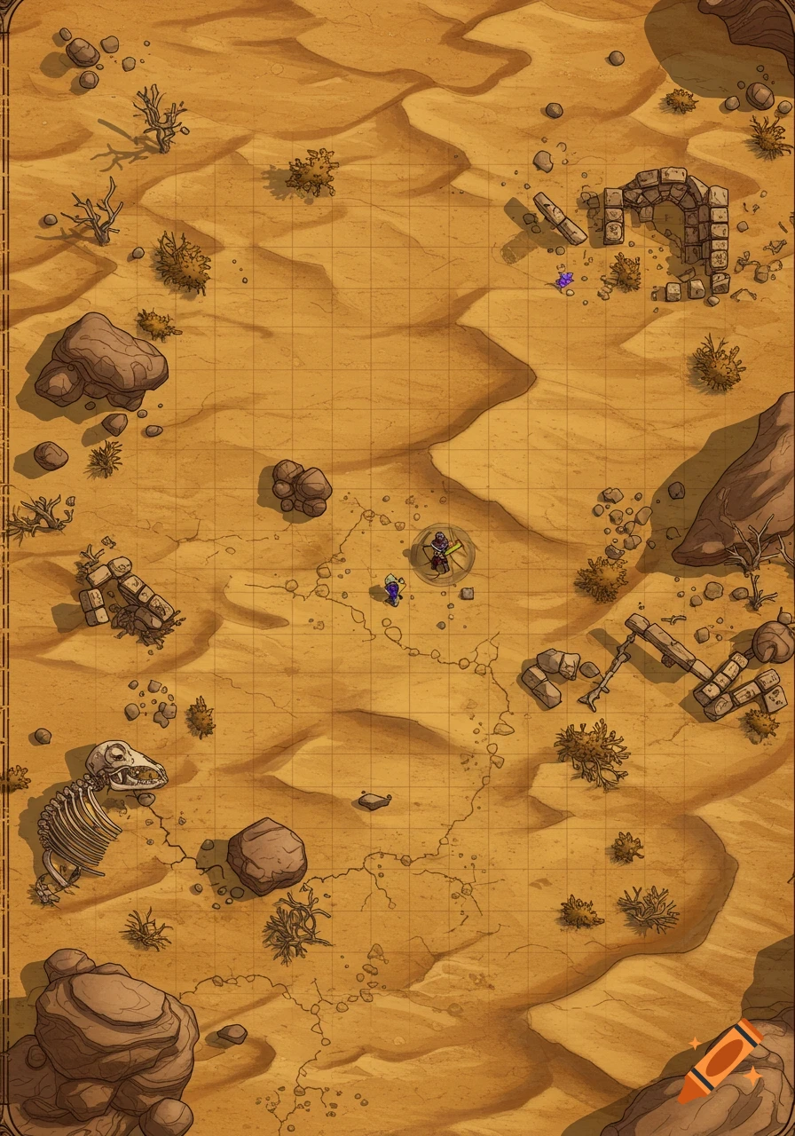 Top-down D&D desert battlemap with sand dunes, ruins, rocks, sparse vegetation, a skeleton, and player tokens.