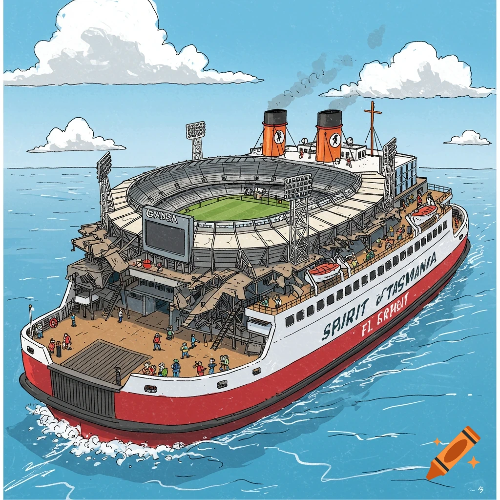 Humorous cartoon of the Spirit of Tasmania ferry sailing with a disassembled stadium piled comically on its deck.