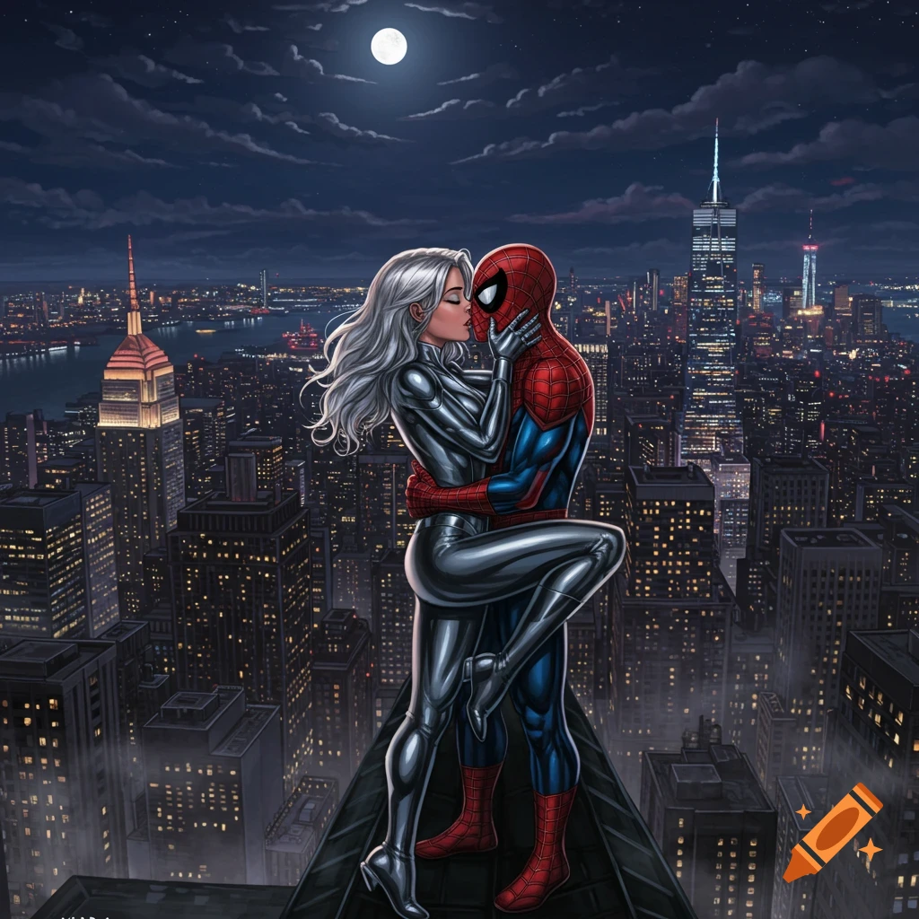 Spider-Man and Black Cat kissing on a rooftop overlooking a nighttime cityscape under a full moon, comic art style.
