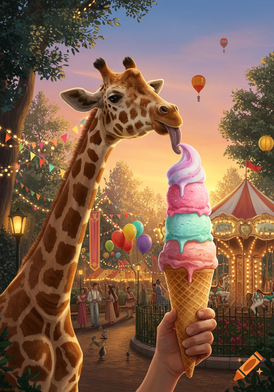 A playful giraffe with a long tongue licks a tall, colorful ice cream cone held by a hand at a whimsical carnival at sunset, with hot air balloons in the sky.