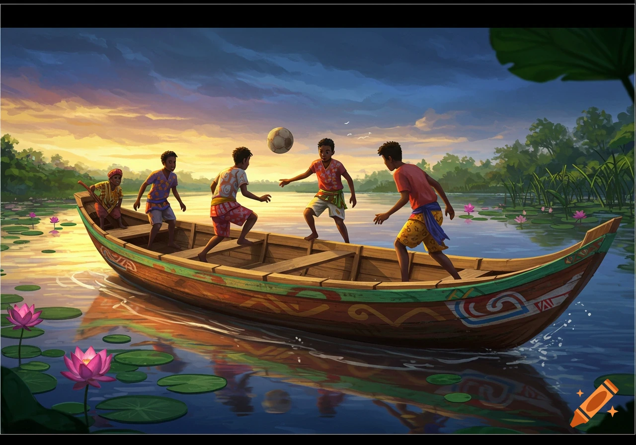 Five boys play soccer in a decorated wooden boat on a river with lily pads, against a vibrant sunset sky, in a painterly style.