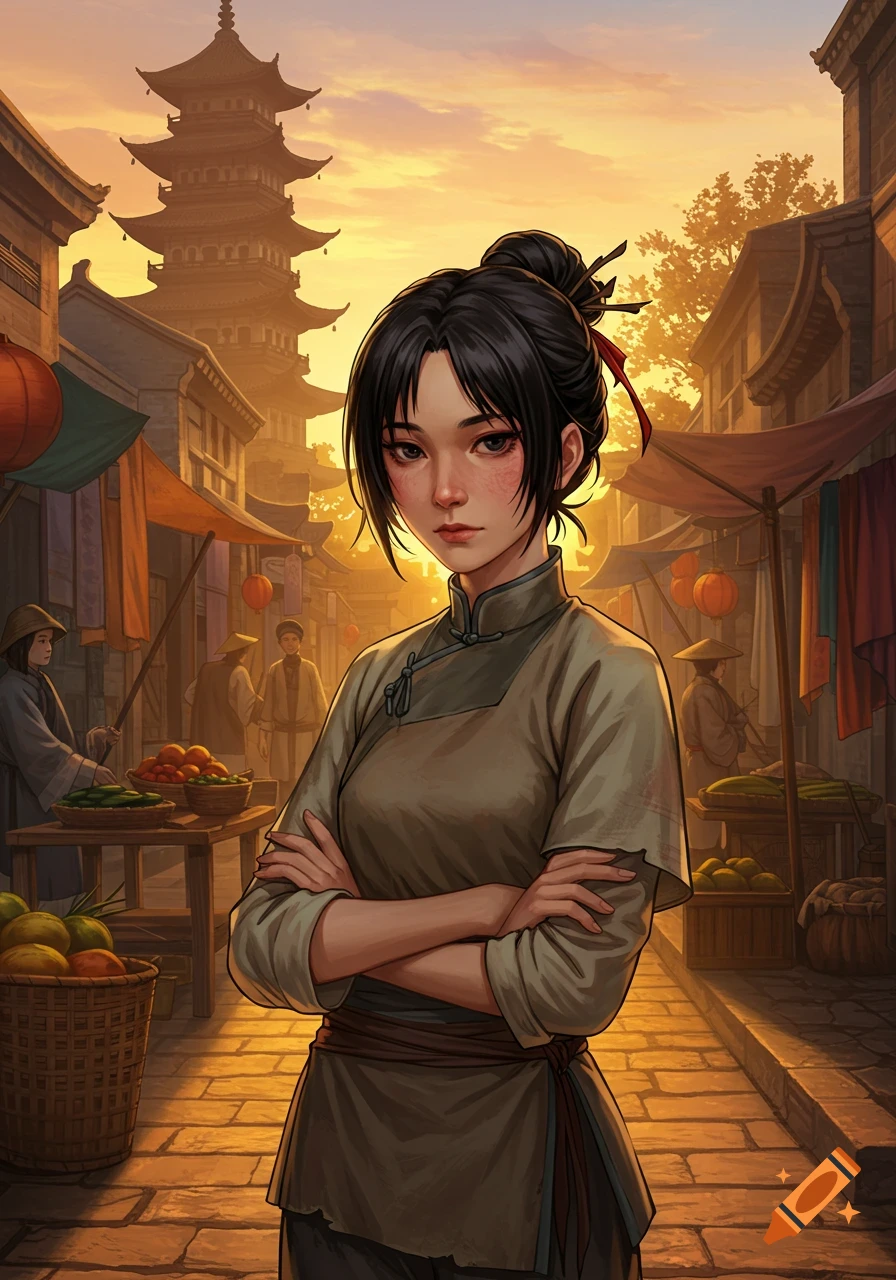 Anime woman with black hair and crossed arms in a traditional Chinese market at sunset, with a pagoda.