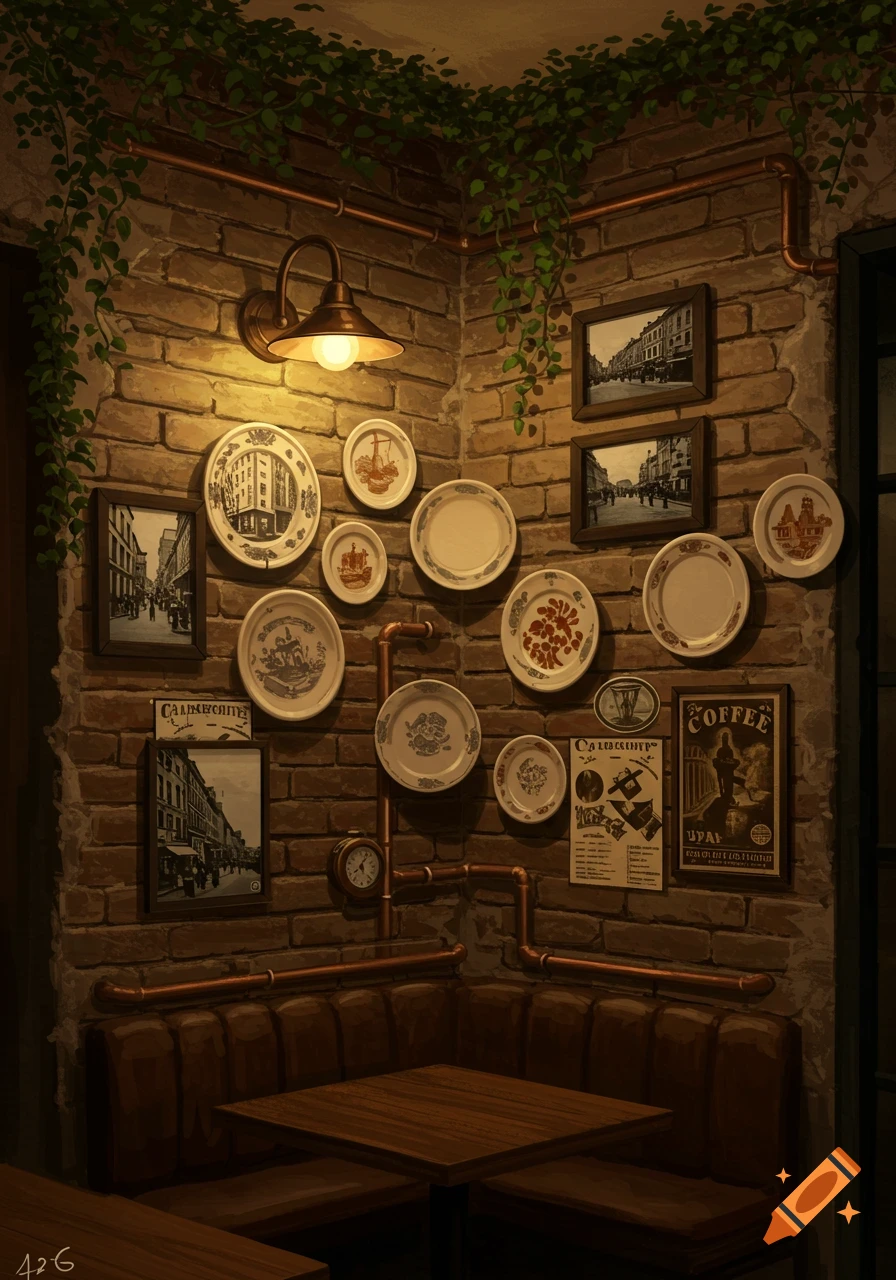 A warmly lit, cozy cafe corner with a brick wall, adorned with framed pictures, decorative plates, and hanging vines over booth seating and a wooden table in an illustrated style.