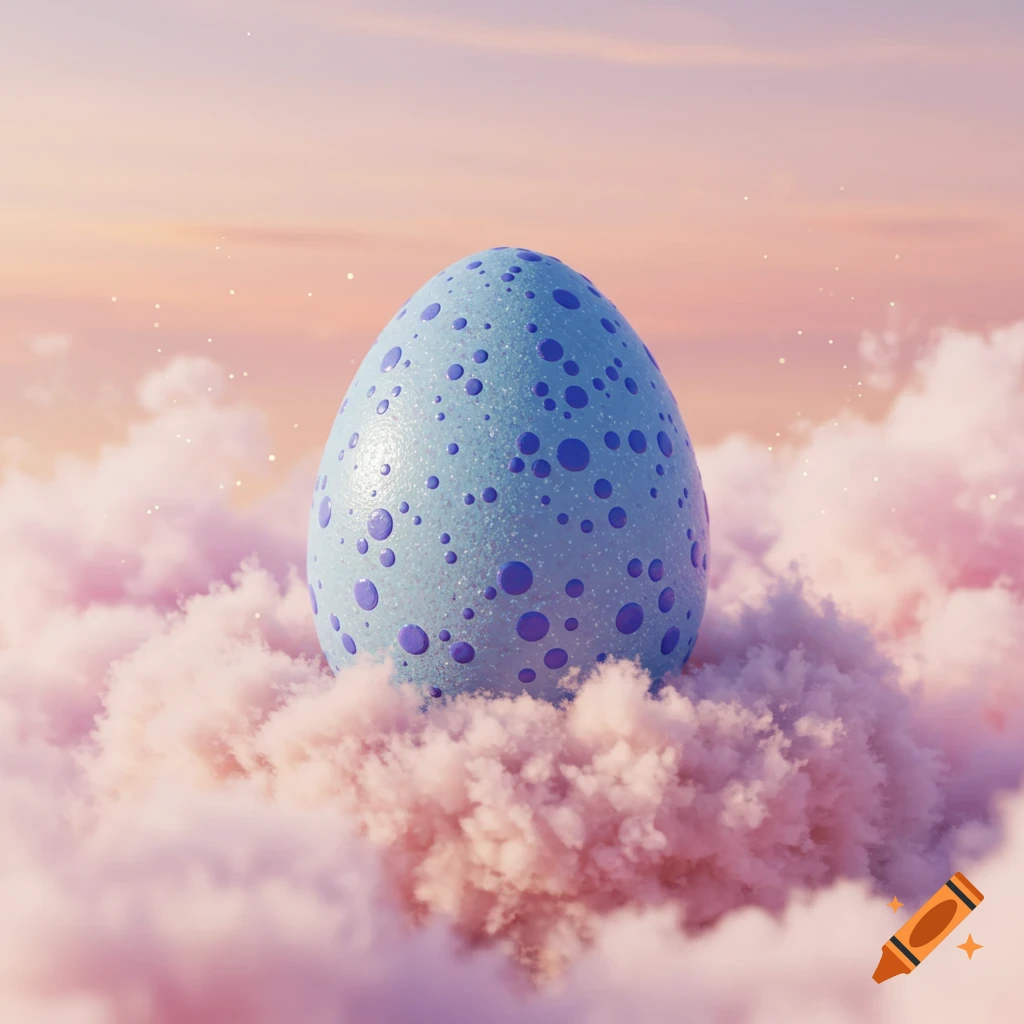 A speckled blue egg rests on fluffy pink clouds under a soft pastel sky, with tiny white sparkles.