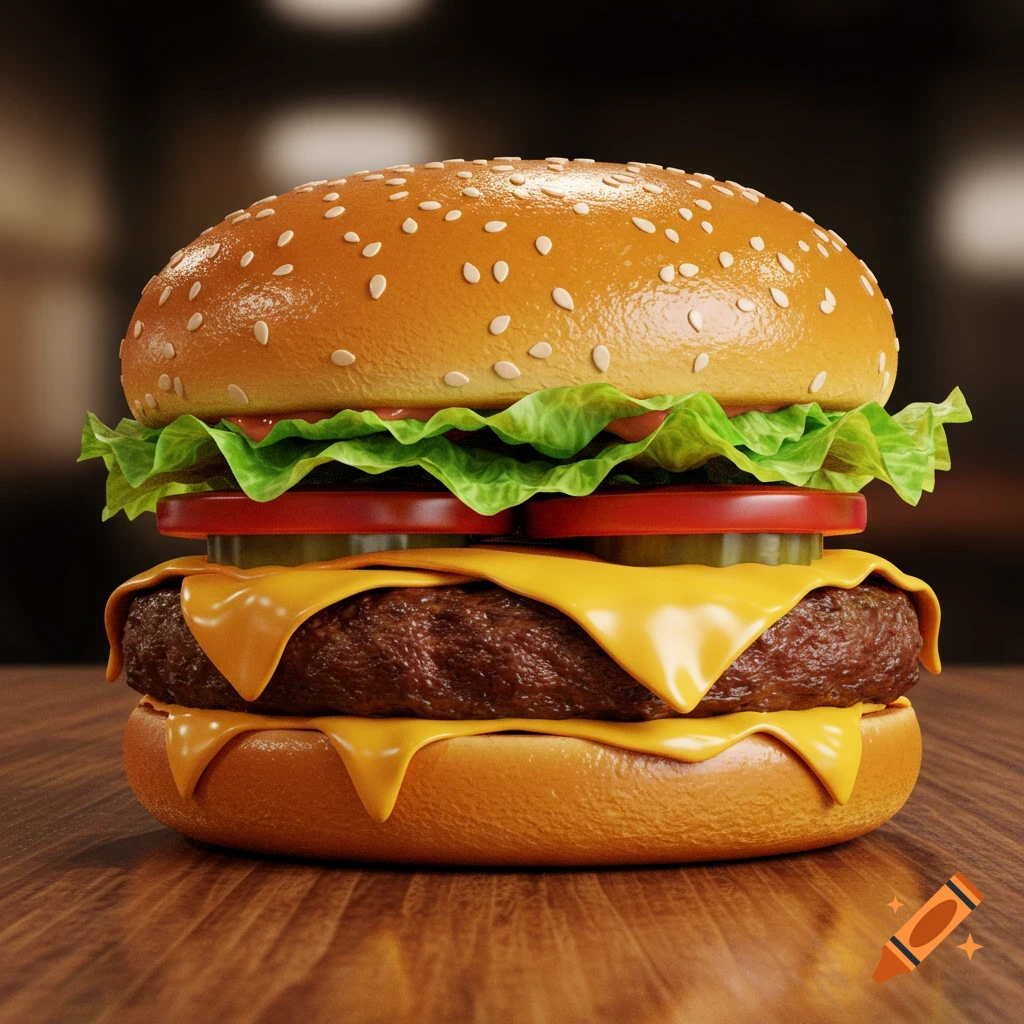 Close-up, photorealistic cheeseburger with a sesame seed bun, lettuce, tomato, pickles, melted cheese, and a thick patty on a wooden table.
