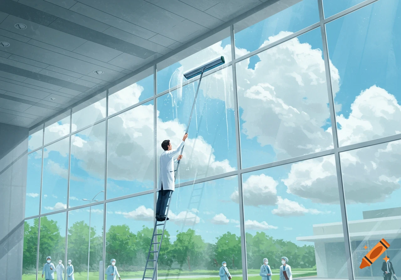 Illustration of a man on a ladder cleaning a large glass window inside a modern building, with a view of clouds and trees.