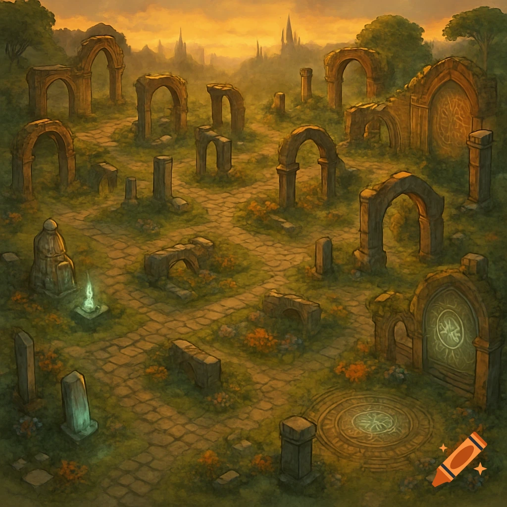 An isometric view of ancient stone ruins, featuring archways, pillars, and magical glowing elements on a path through grassy terrain at sunset.