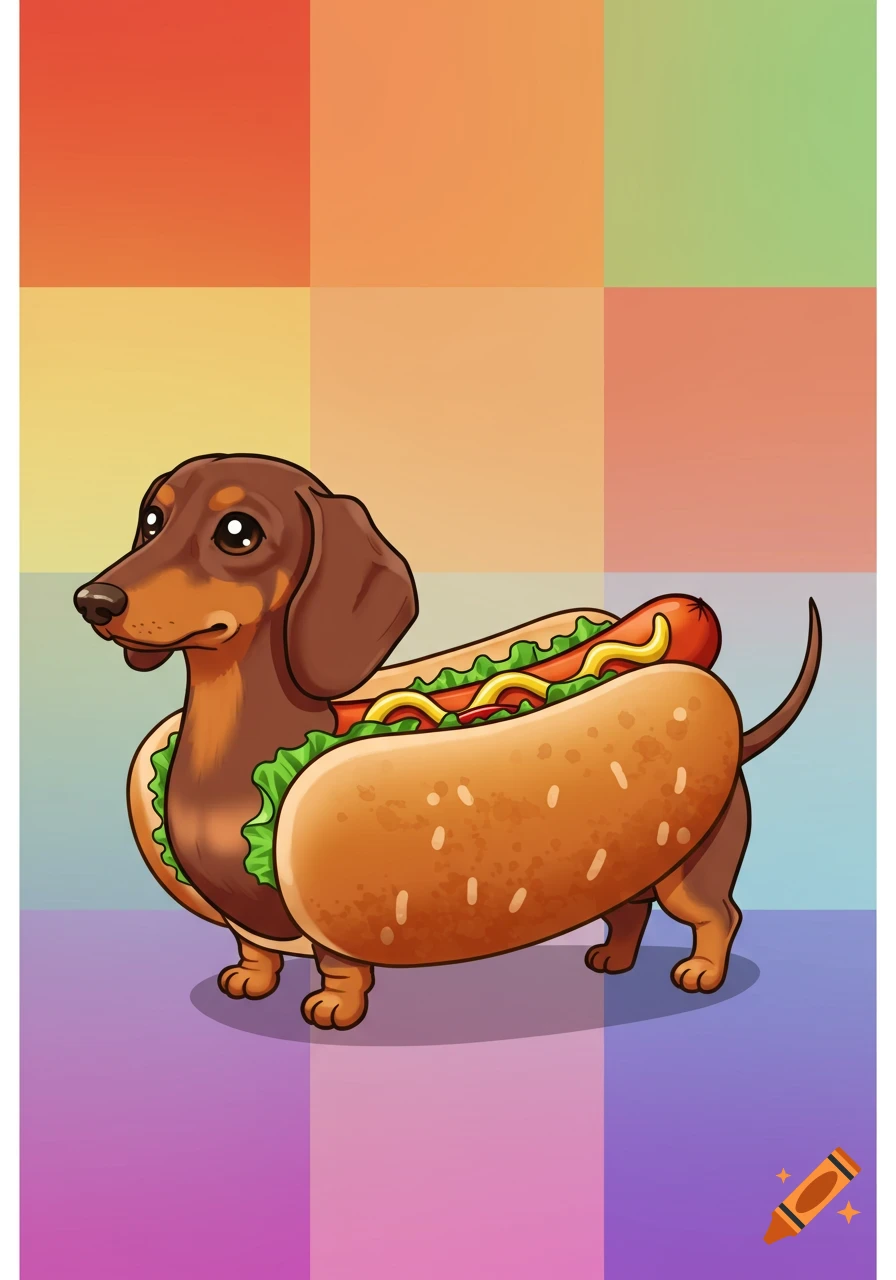 Quirky cartoon illustration of a dachshund dog inside a hot dog bun with sausage, lettuce, and mustard, against a colorful checkered background.