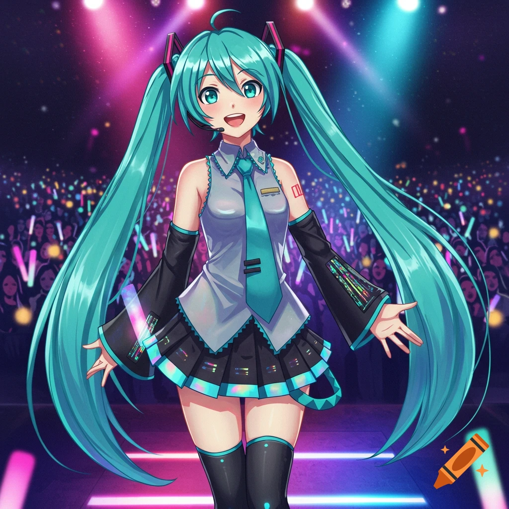 Hatsune Miku, a virtual idol with long turquoise pigtails, smiles on a neon-lit stage before a cheering crowd, anime style.