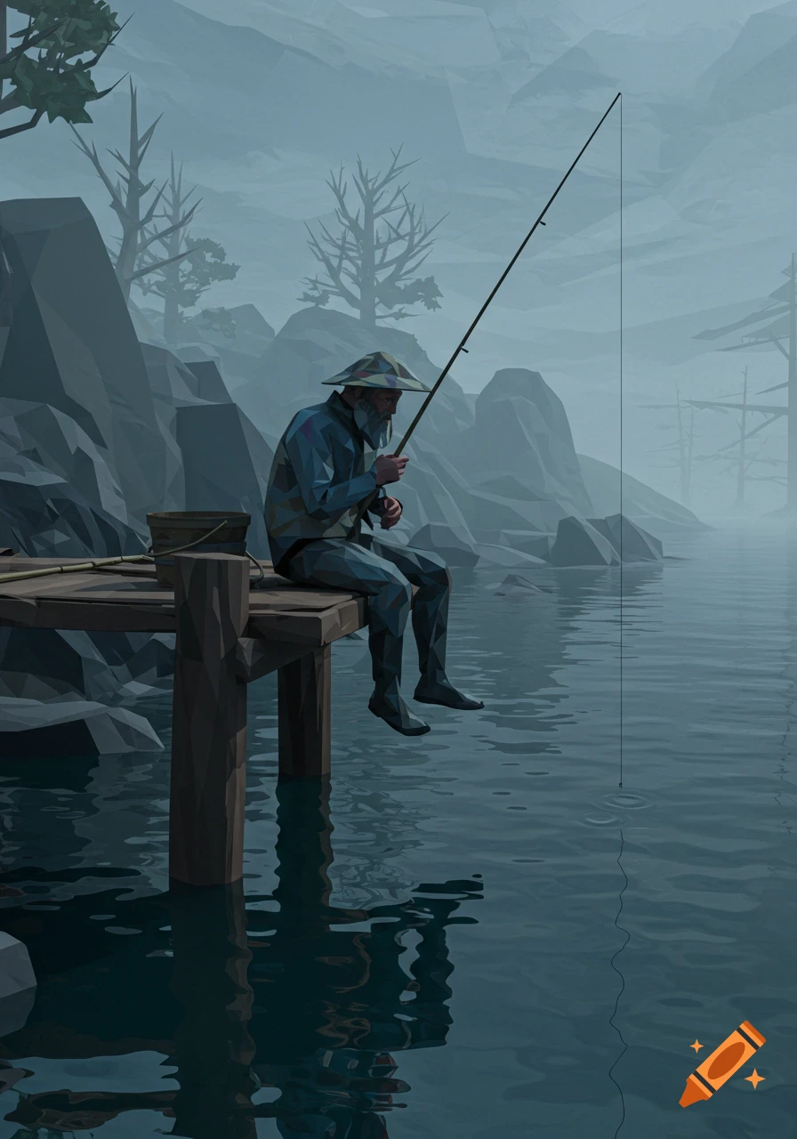 A gloomy, low-poly fisherman sits on a wooden dock, fishing in misty waters amidst a foggy, rocky landscape with bare trees.
