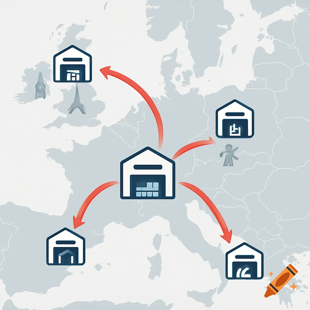 Stylized map of Europe with a central warehouse in Madrid, Spain, connected by red arrows to warehouses in UK, France, and another European country.