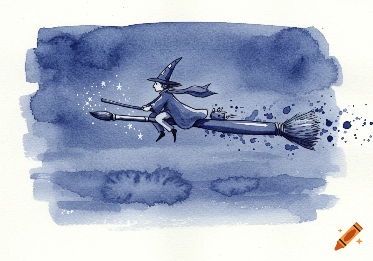 A monochromatic blue watercolor illustration of a cartoon witch flying on a giant paintbrush, leaving a trail of sparkles.