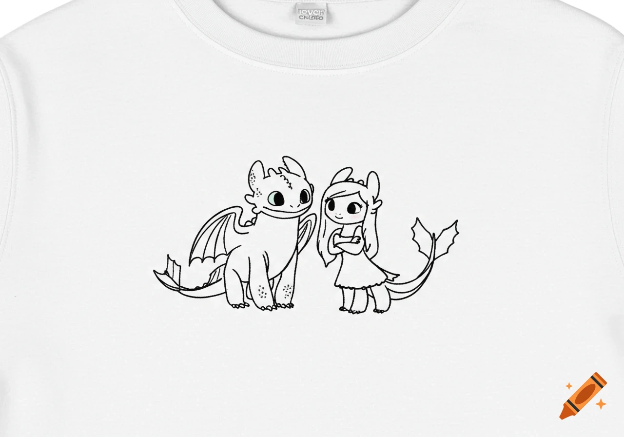 Minimalist black line art of Toothless and a human/dragon girl on a white t-shirt.