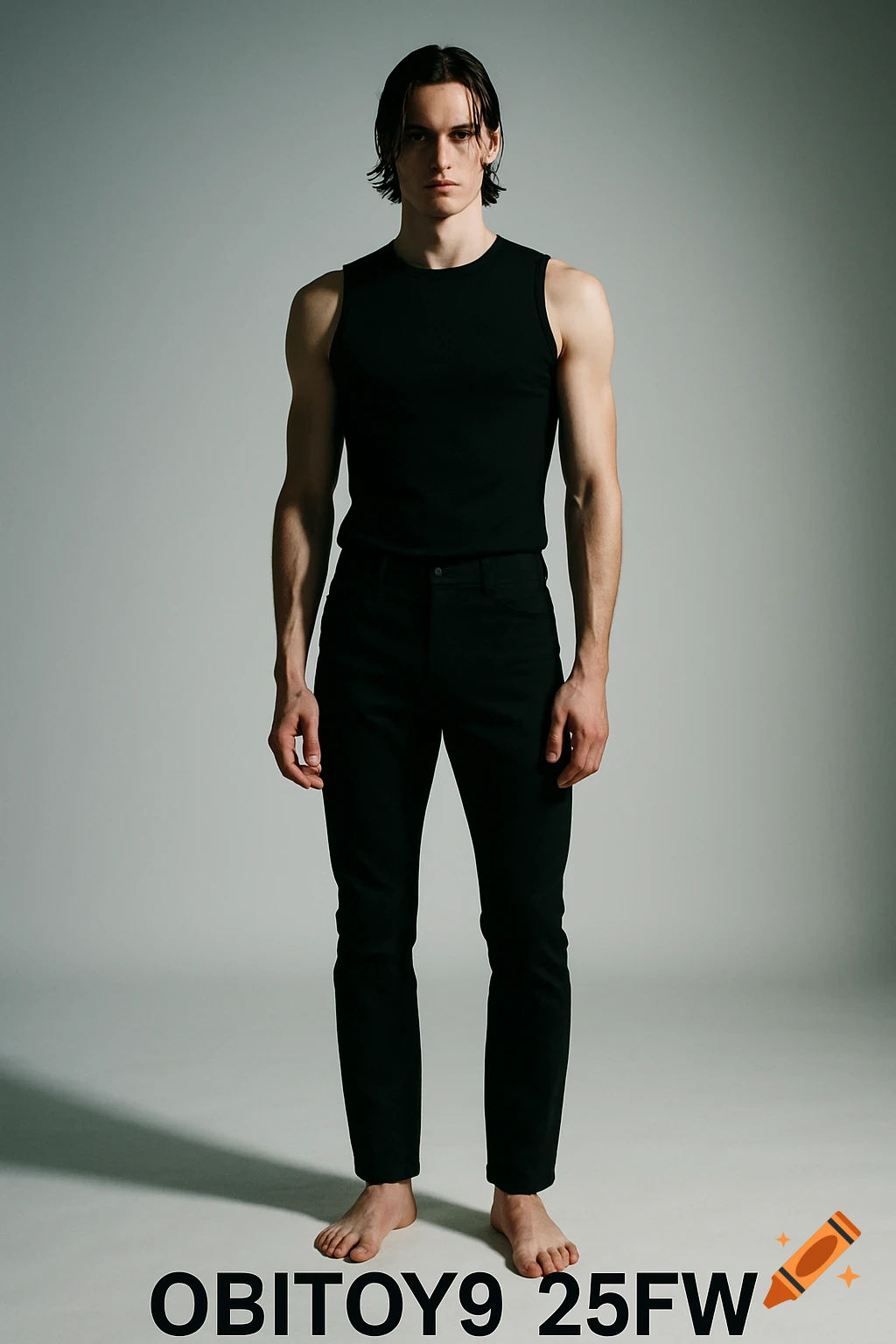 A tall male model in a black tank top and slim black pants stands barefoot against a white studio background.