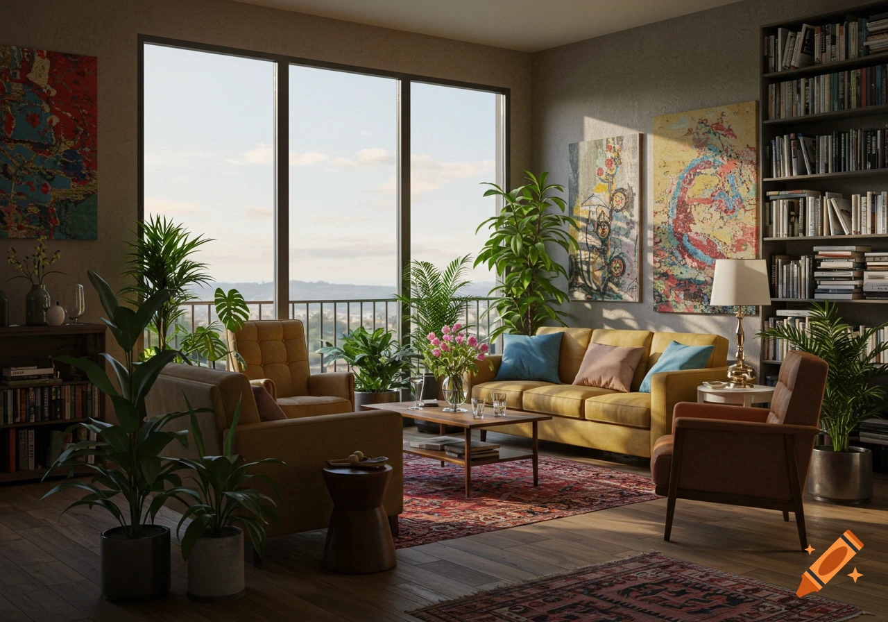 A photorealistic image of a modern living room with large windows, several plants, colorful abstract paintings, bookshelves, a yellow sofa, and two armchairs on a patterned rug.