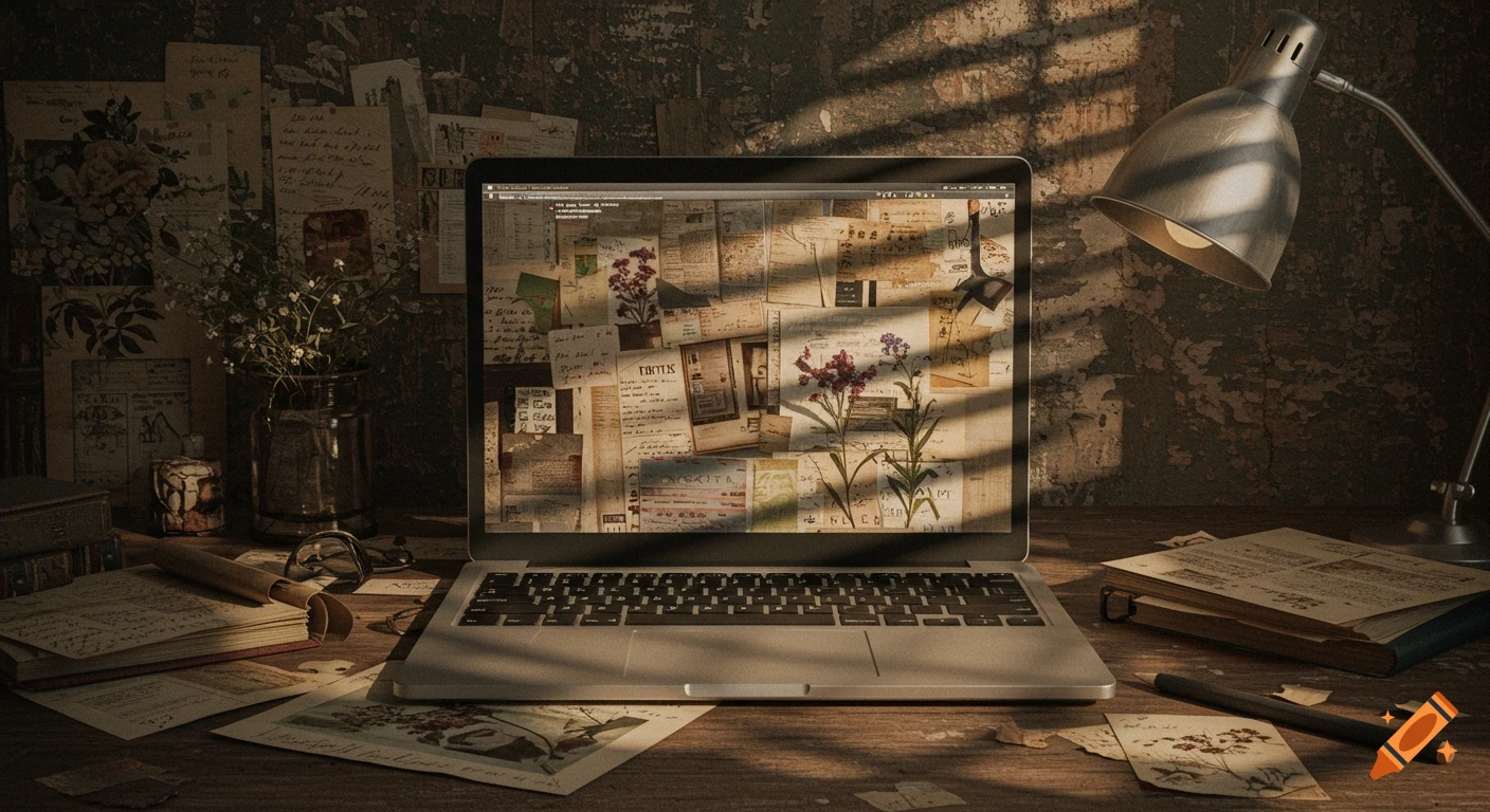 A laptop on a wooden desk bathed in sunlight, surrounded by vintage-style papers, a lamp, and a vase with small flowers, depicting a grunge collage aesthetic.