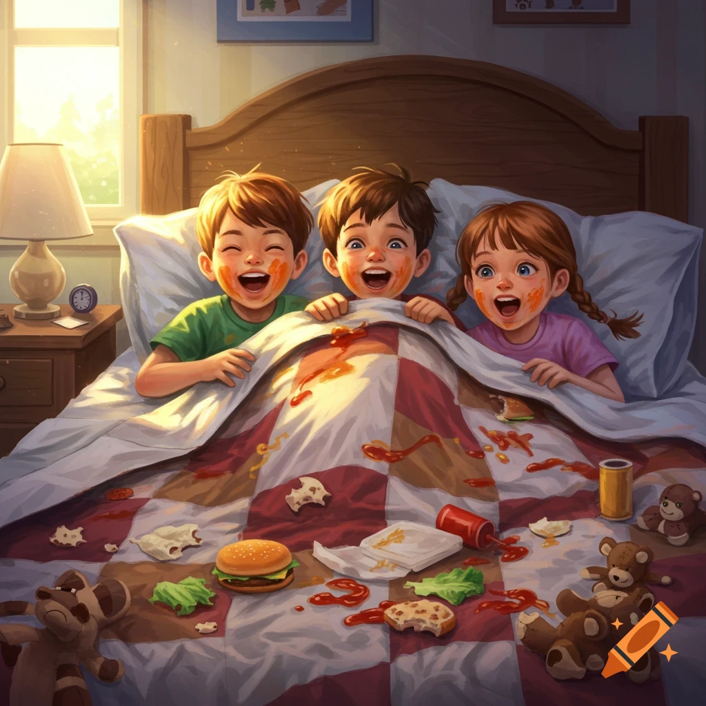 A colorful illustration of three laughing children, two boys and a girl, making a mess in bed with burgers and ketchup.