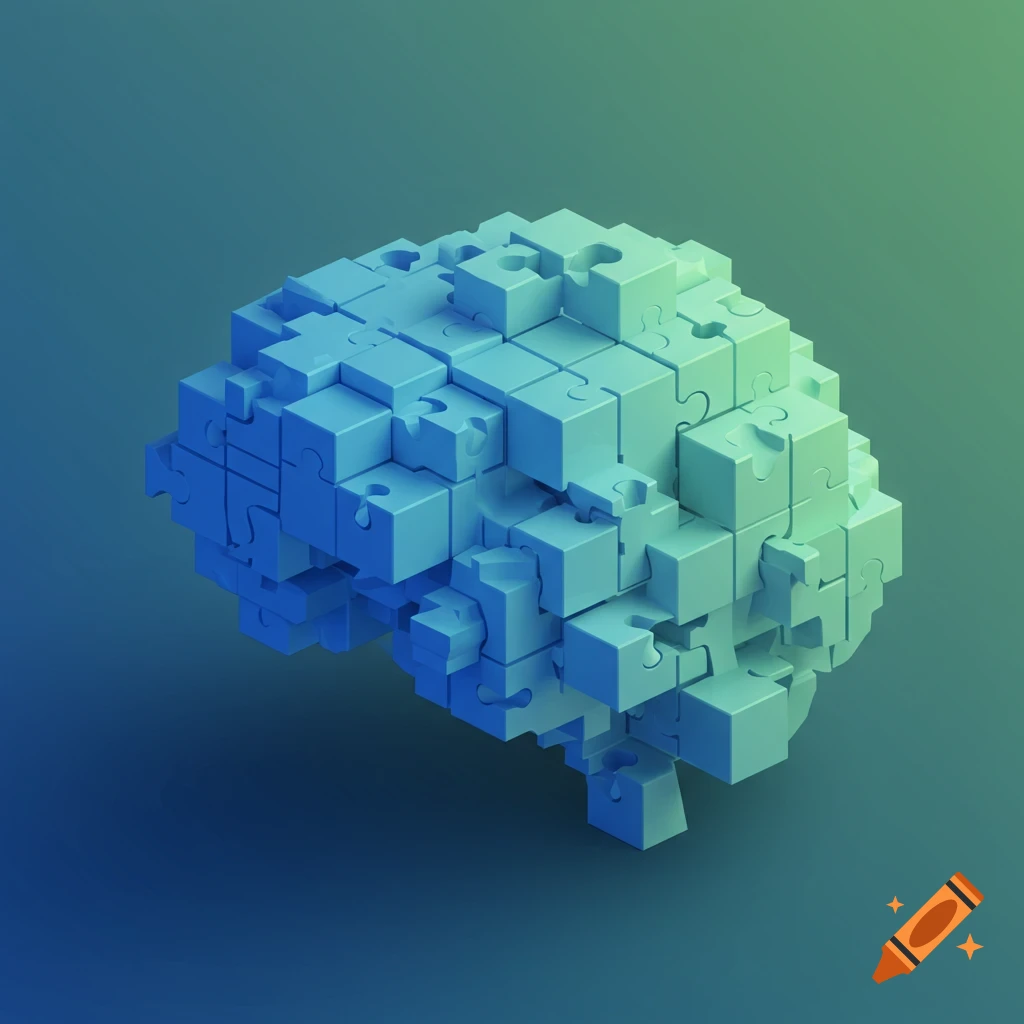 Digital art of a brain made of blue and green interconnected puzzle pieces.