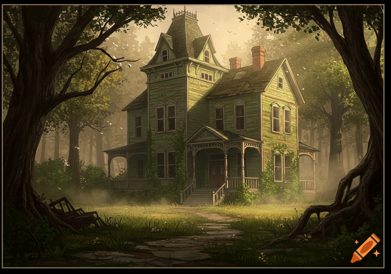 An old, dilapidated green Victorian house stands in a misty, overgrown forest with a winding path, in a digital painting style.