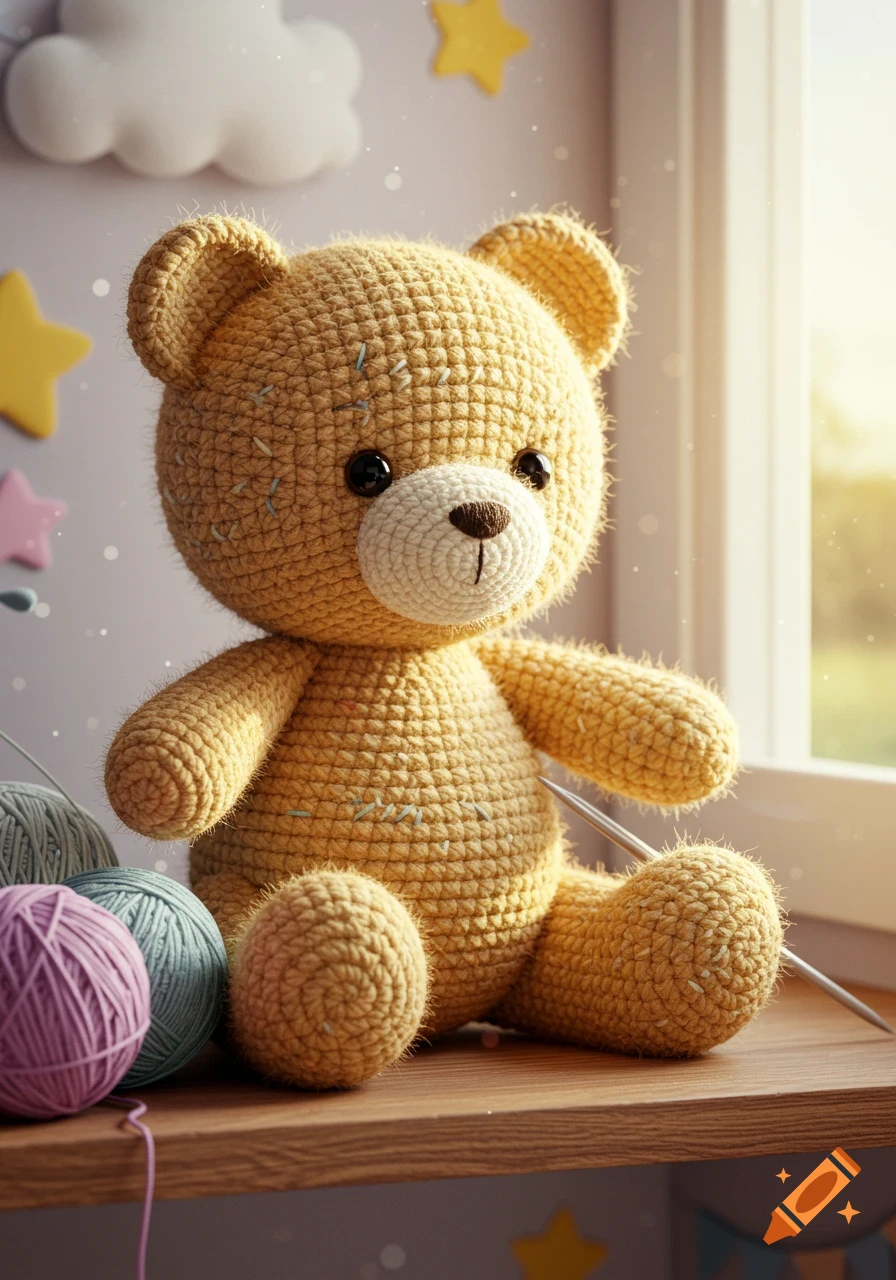 A close-up of a golden crocheted teddy bear sitting next to balls of yarn on a wooden shelf by a sunlit window.