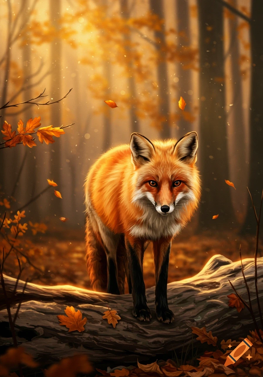 A vibrant red fox stands on a fallen log in a misty autumn forest with golden leaves falling.