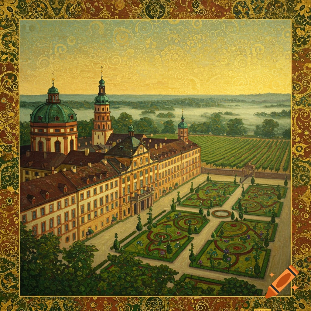 An ornate, Klimt-inspired painting of a Baroque palace with formal gardens and a vineyard, set against a golden, patterned sky.