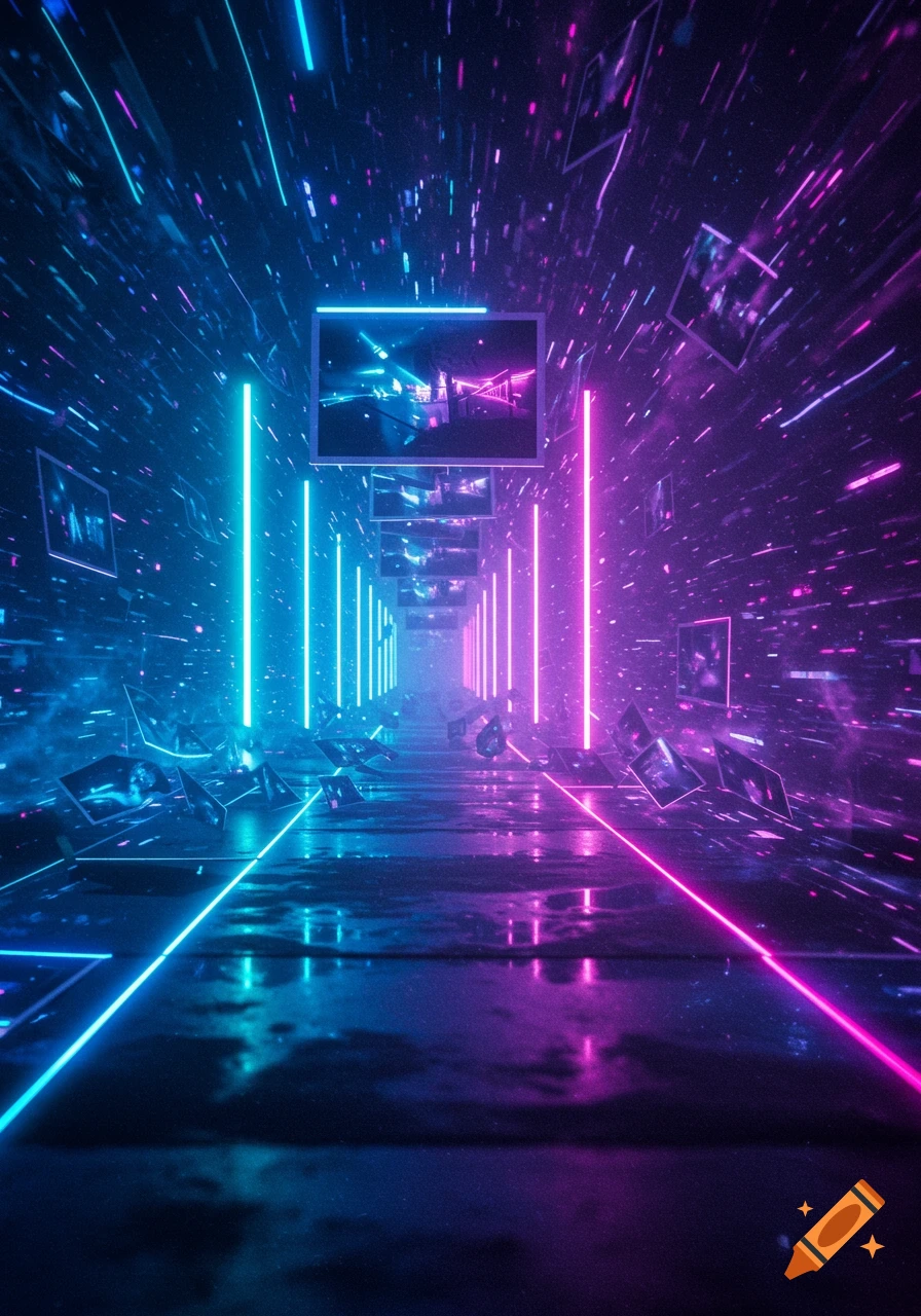 Futuristic cyberpunk tunnel glows with blue and pink neon lights reflecting on a wet floor, with abstract data streams and floating screens.