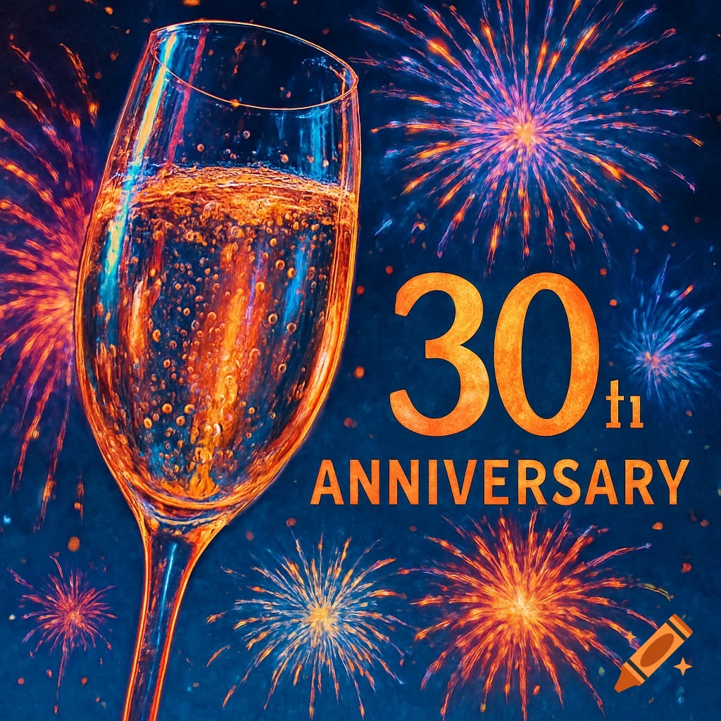 A sparkling champagne glass and colorful fireworks celebrate a 30th anniversary against a dark blue background.