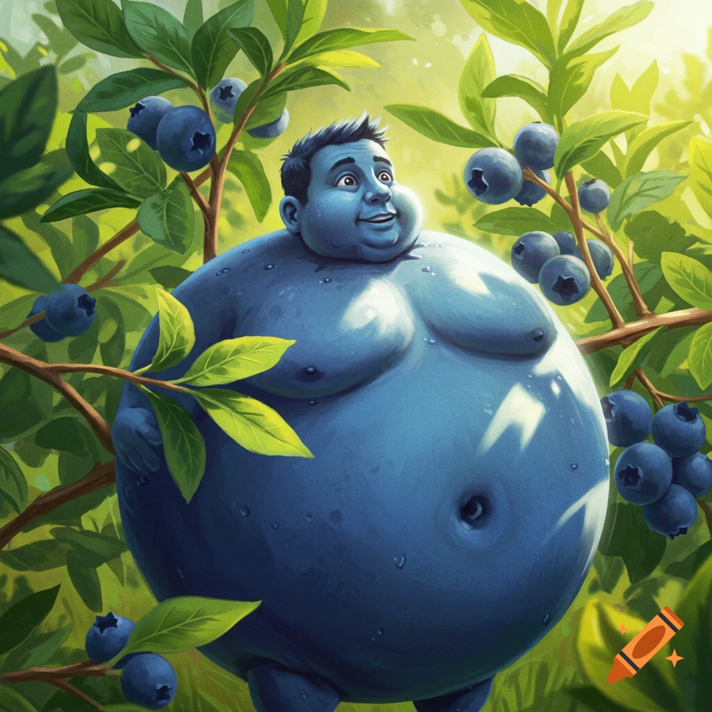 A cartoonish illustration of a plump, blue man with a human head, nestled among green blueberry bushes with ripe berries.