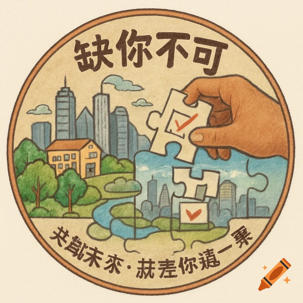 A circular illustration depicts a hand placing a puzzle piece with a checkmark into a partially complete cityscape with trees and a river. Chinese text '缺你不可' is at the top, and '共創未來，就差你這一票' at the bottom.