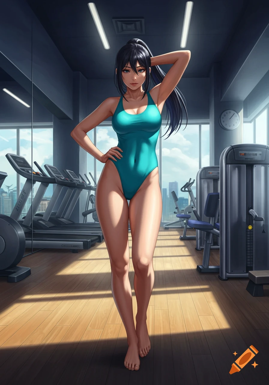 Anime girl with dark hair in a ponytail wearing a teal swimsuit, standing barefoot in a brightly lit gym.