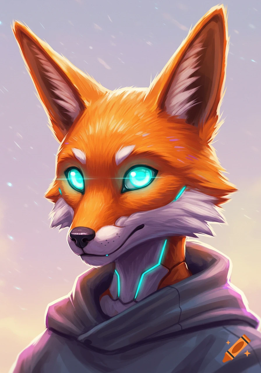 An anime-style futuristic anthropomorphic orange fox with glowing turquoise eyes and a cybernetic neck, wearing a dark hoodie.