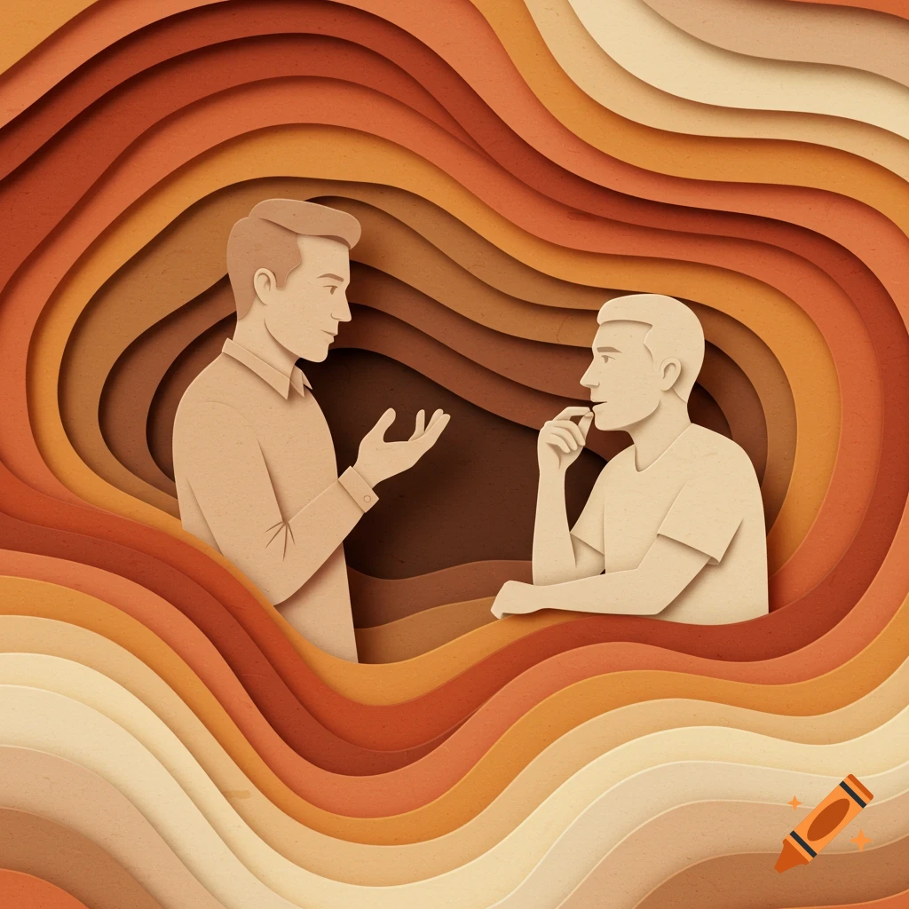 Papercraft illustration of two men in warm tones, one gesturing while speaking, the other listening intently.