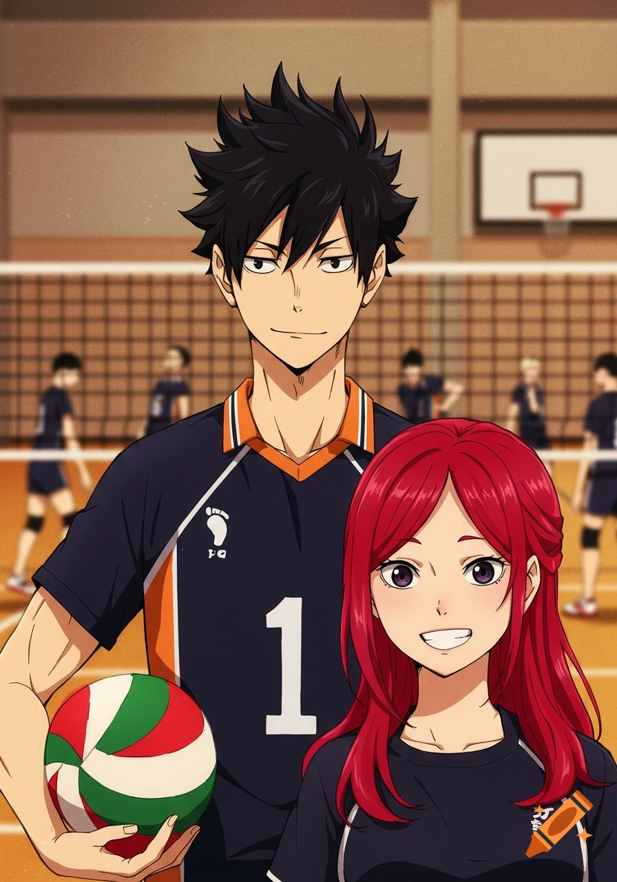 Anime man with black spiky hair wearing a '1' jersey and red-haired woman smile, standing in a volleyball court. The man holds a volleyball.