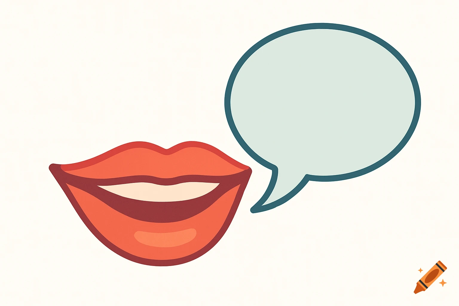 A stylized illustration of red lips next to an empty speech bubble on a white background.