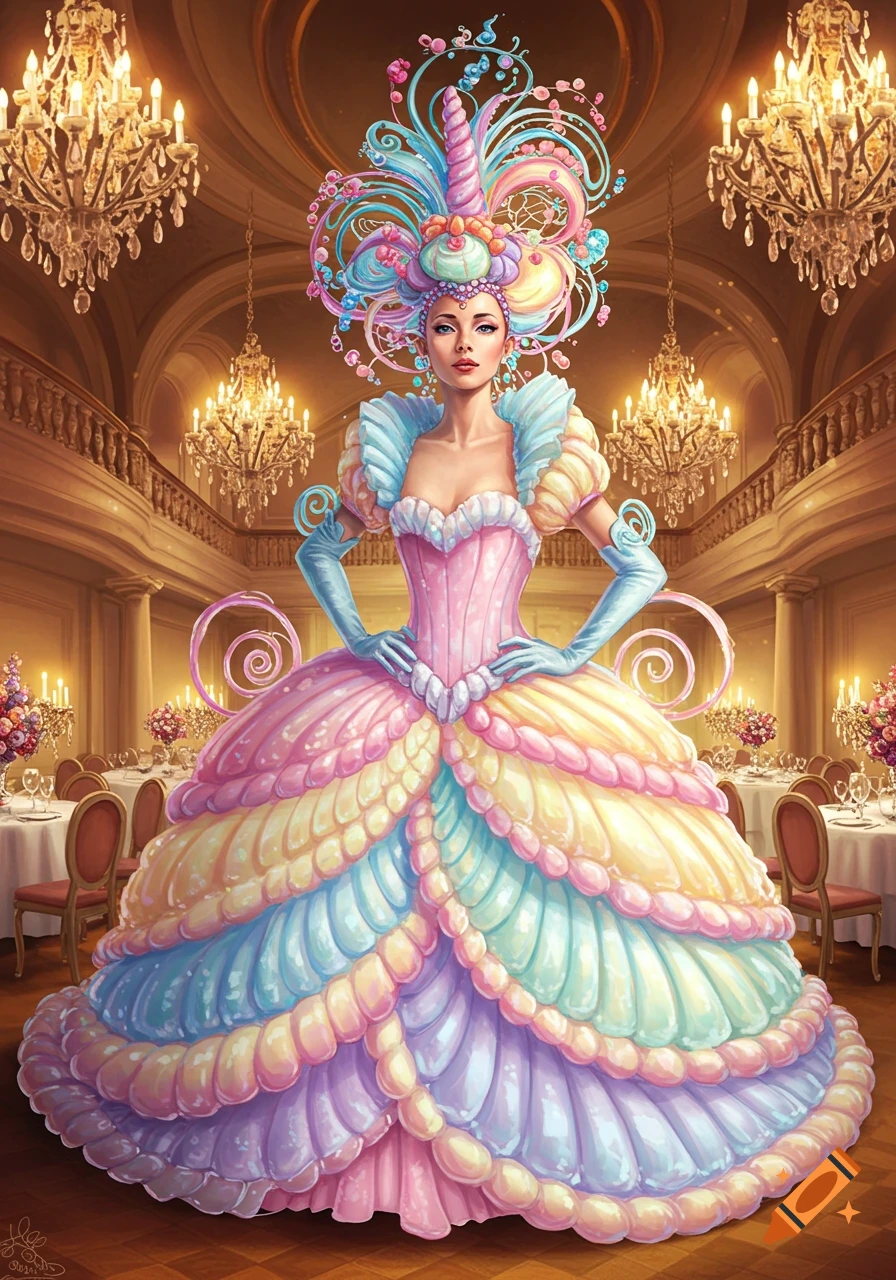 A woman in an elaborate pastel candy-themed gown and unicorn horn hairstyle stands in a grand ballroom with chandeliers.