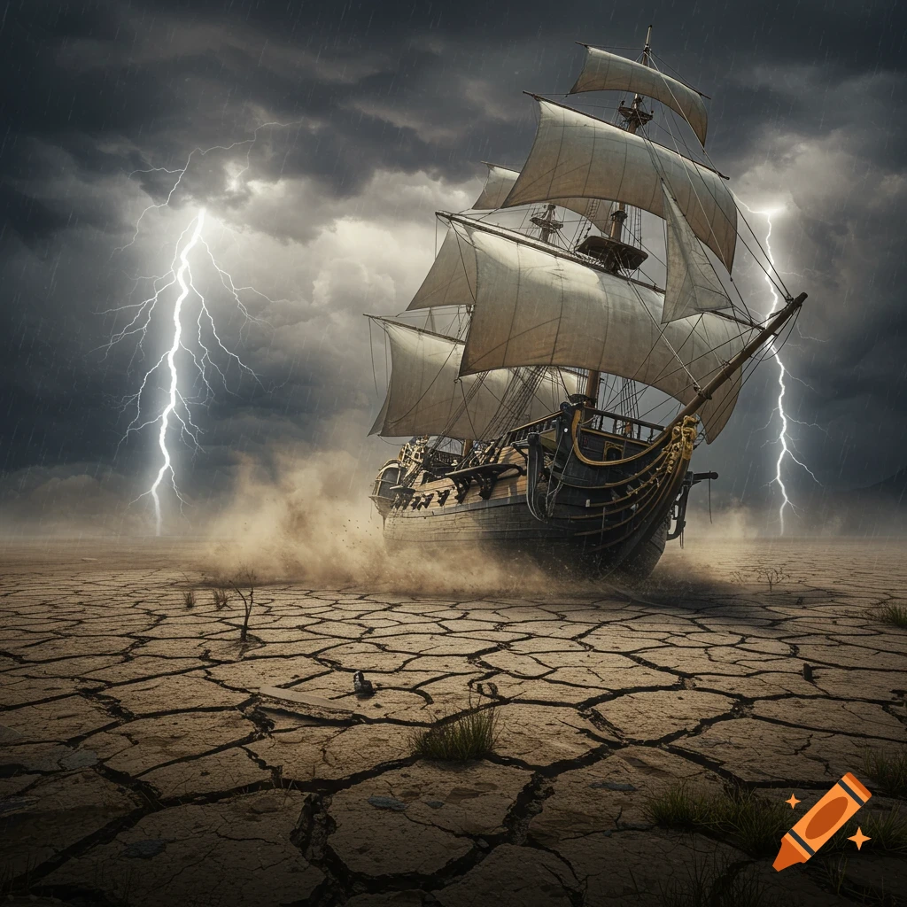 A large sailing ship rests on cracked, dry earth under a dramatic, stormy sky with bright lightning bolts, dust rising around it.